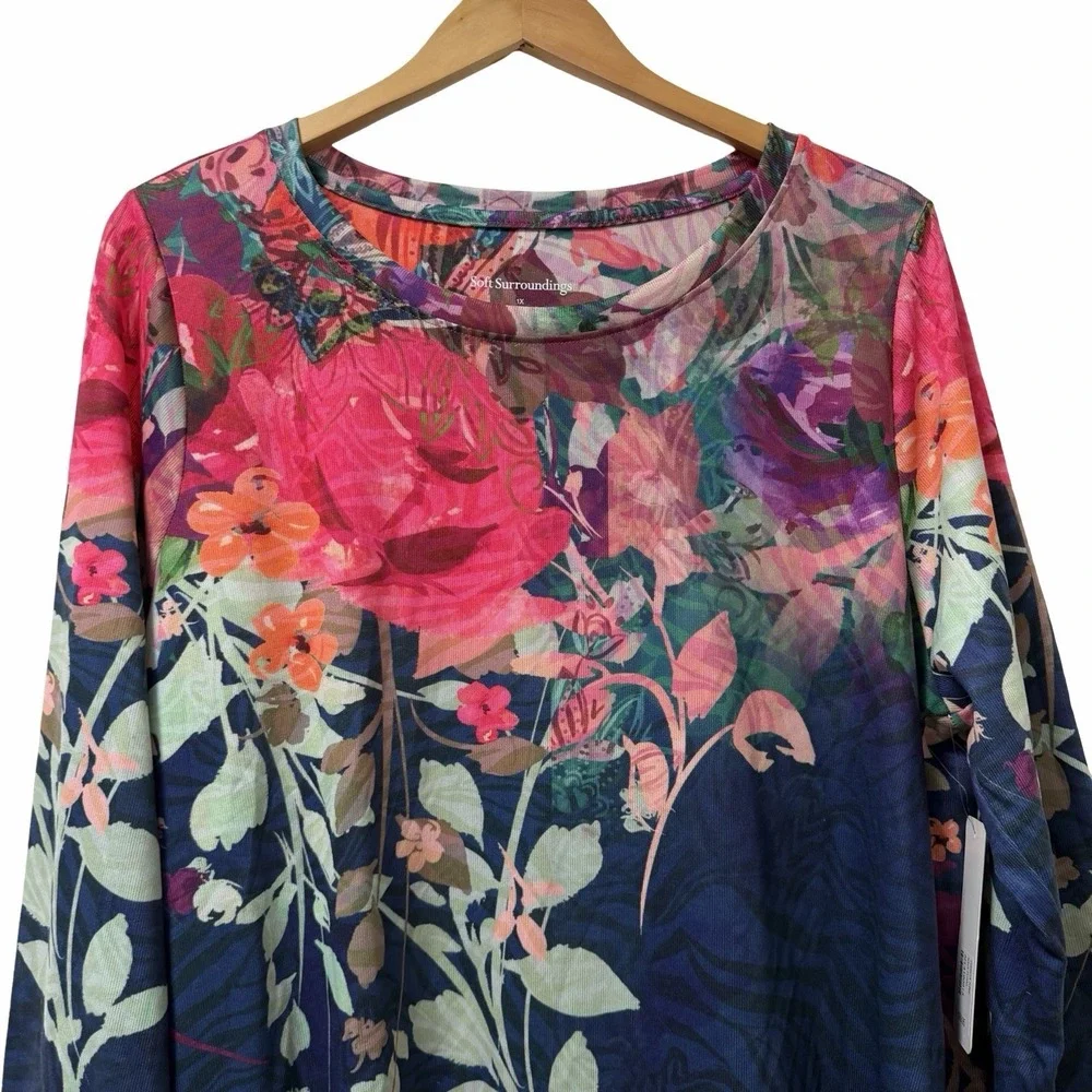 Soft Surroundings Floral Christa 3/4 Sleeve Tunic Top Size 1X Blue Casual NEW